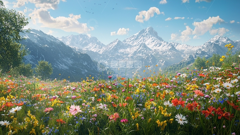 高清大图下载【趣麦麦图】阿尔卑斯山脉鲜花盛开的山谷