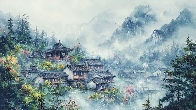高清大图下载【趣麦麦图】水墨画风的山水村落
