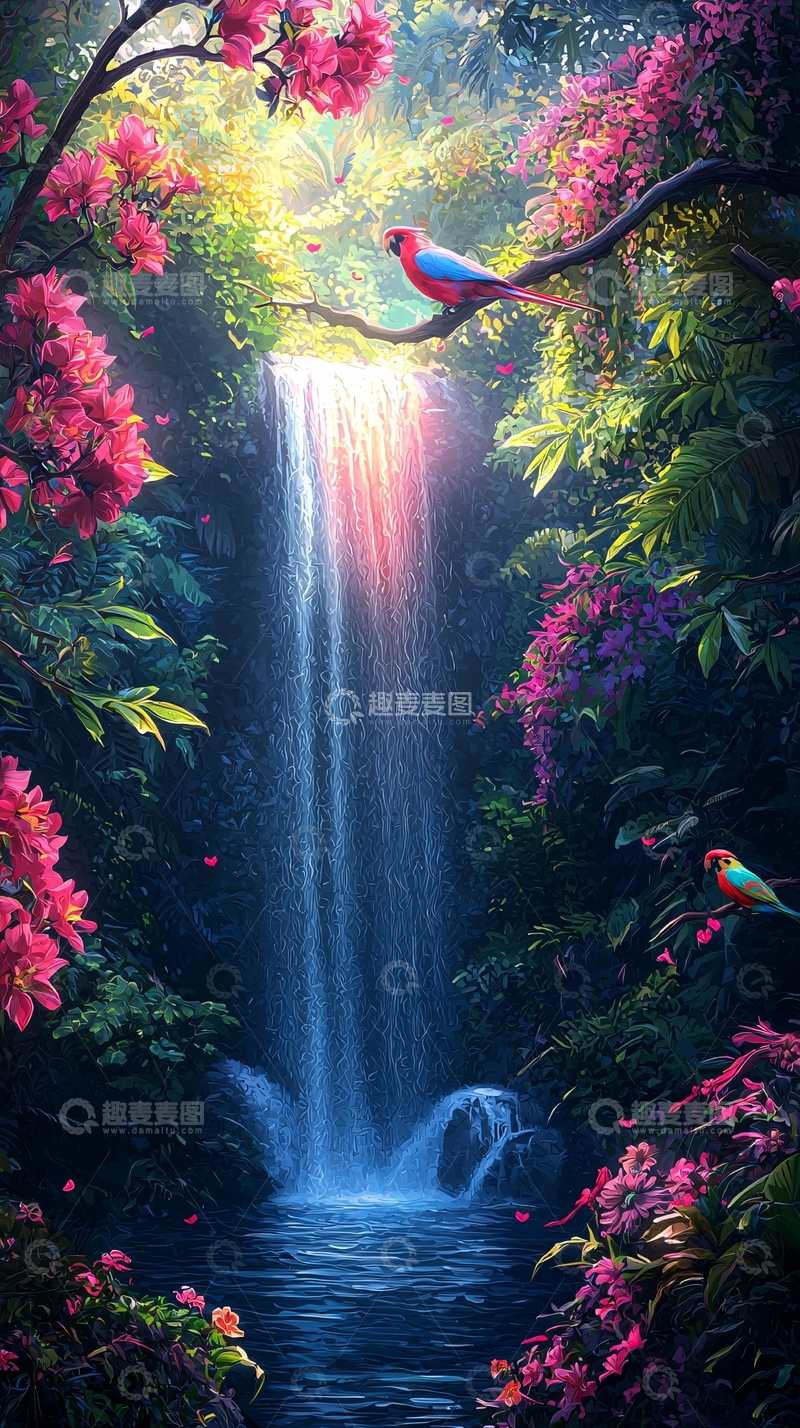 高清大图下载【趣麦麦图】鲜花瀑布中的小鸟