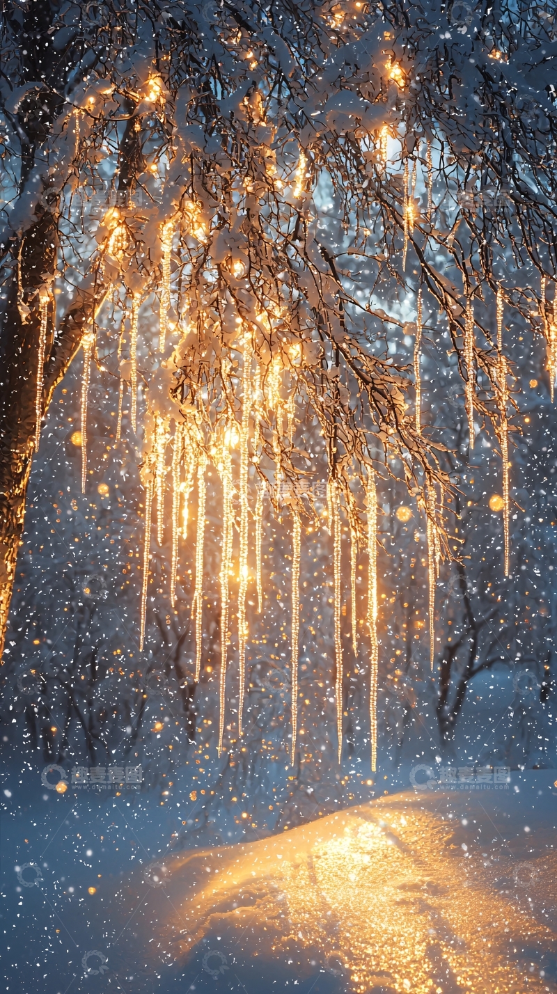 高清大图下载【趣麦麦图】雪中树枝上的暖色灯光