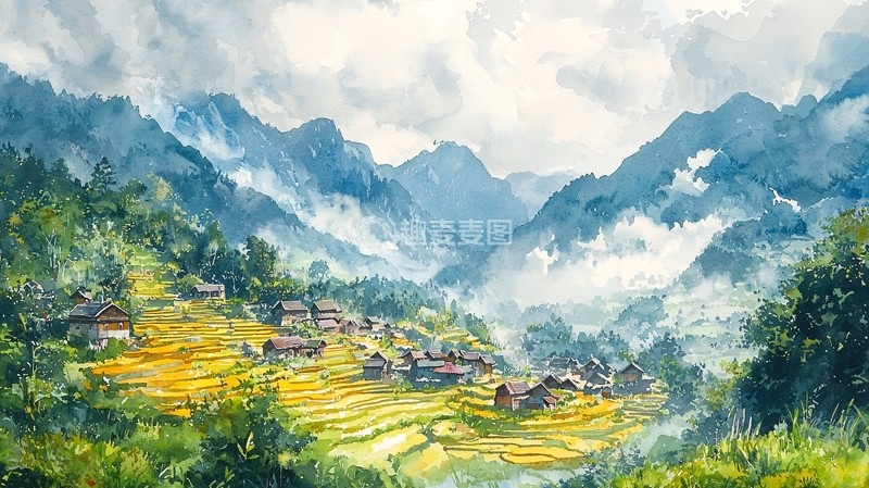 高清大图下载【趣麦麦图】山间村落风景水彩画