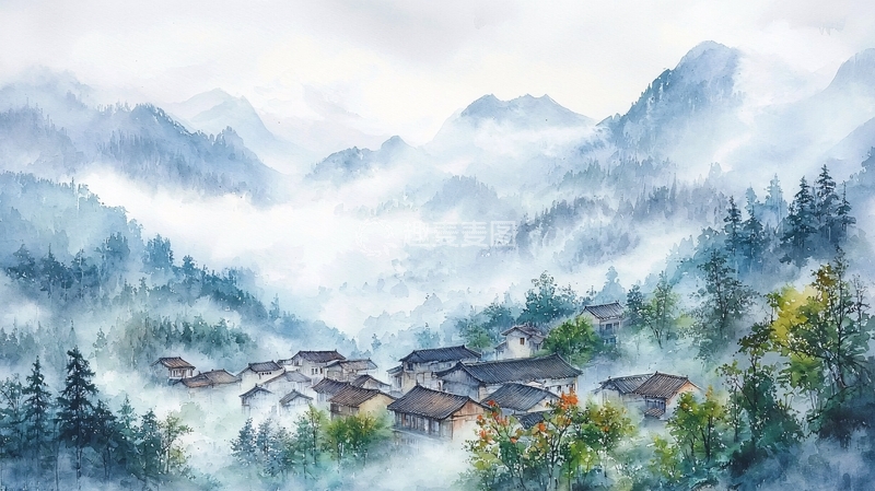 高清大图下载【趣麦麦图】水墨山村云雾缭绕意境