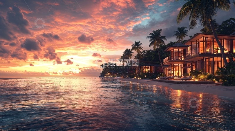 高清大图下载【趣麦麦图】热带海滩别墅日落美景