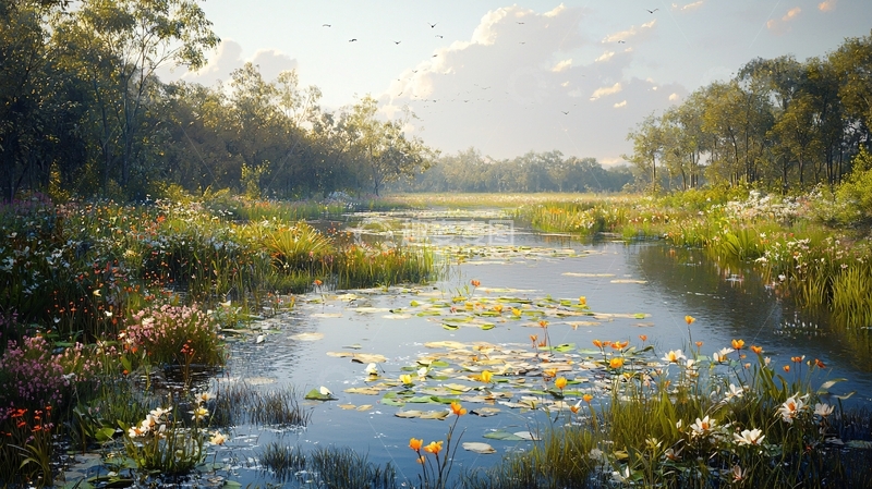 高清大图下载【趣麦麦图】清晨阳光下的宁静河流