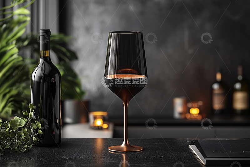 高清大图下载【趣麦麦图】红酒瓶和杯子在桌子上