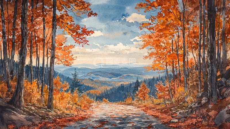 高清大图下载【趣麦麦图】秋季山林风景水彩画