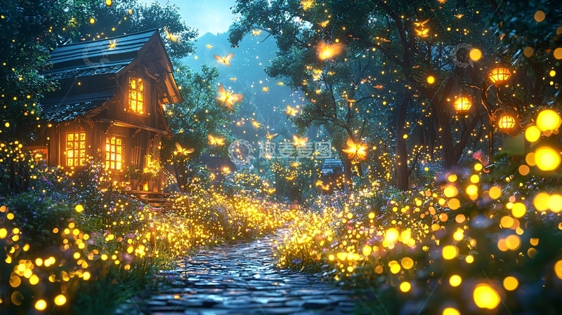 高清大图下载【趣麦麦图】萤火虫森林小屋