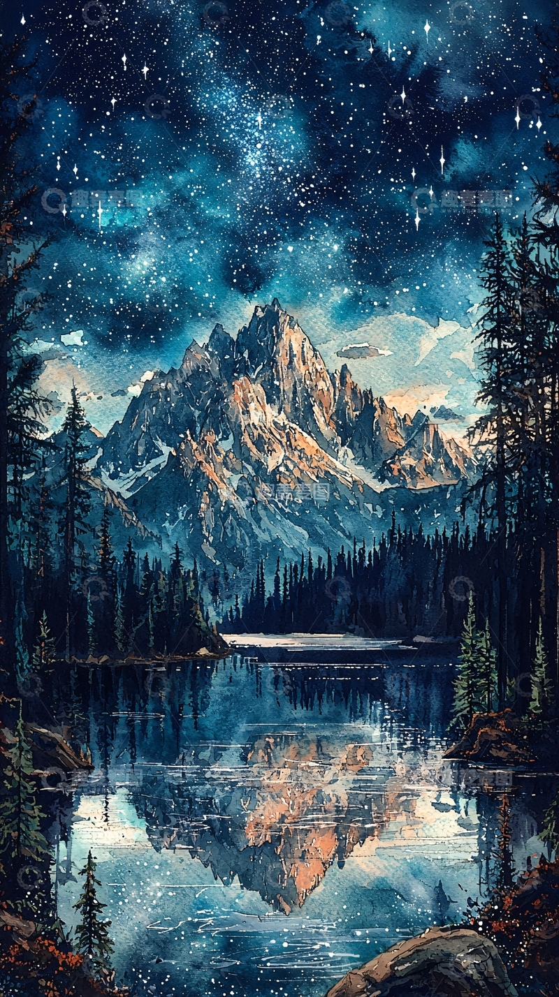 高清大图下载【趣麦麦图】星空山水倒影的宁静夜