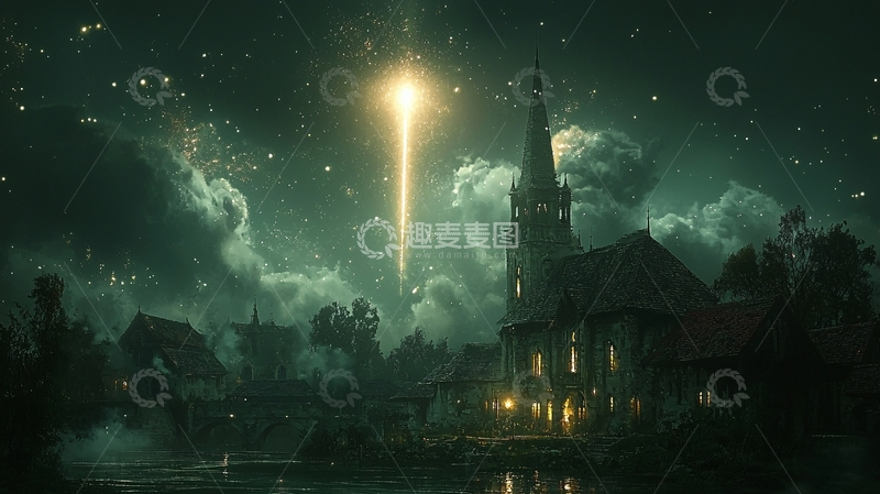 高清大图下载【趣麦麦图】夜晚小镇奇异光柱