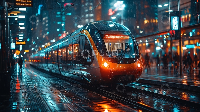 高清大图下载【趣麦麦图】夜景都市轻轨列车