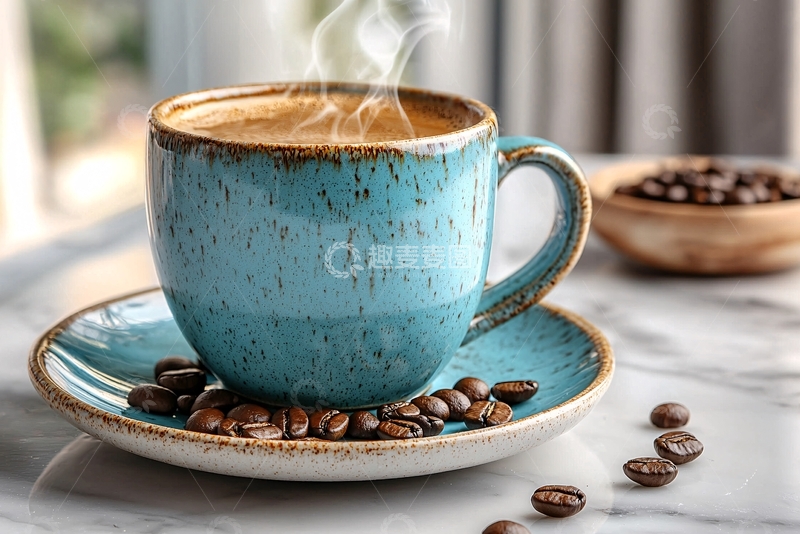 高清大图下载【趣麦麦图】热气腾腾的蓝绿色咖啡杯