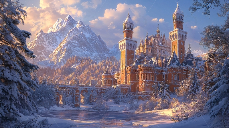 高清大图下载【趣麦麦图】雪山城堡冬季风景画