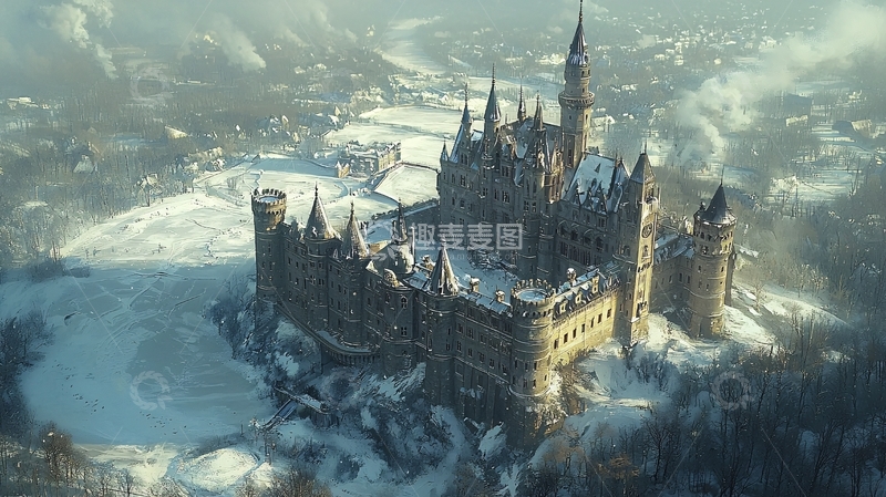 高清大图下载【趣麦麦图】雪景中宏伟的哥特式城堡