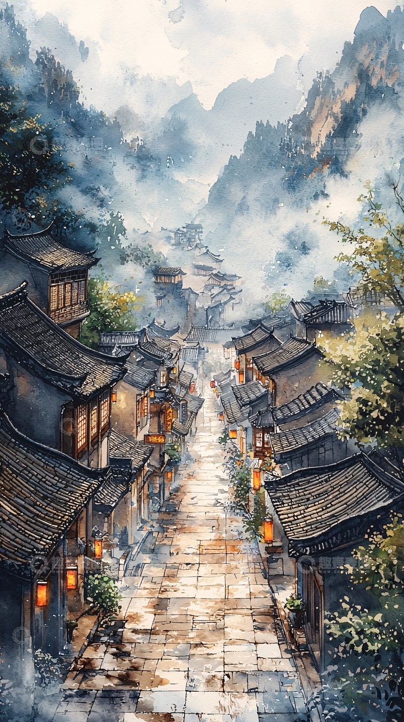 高清大图下载【趣麦麦图】水墨风格的古镇风景画
