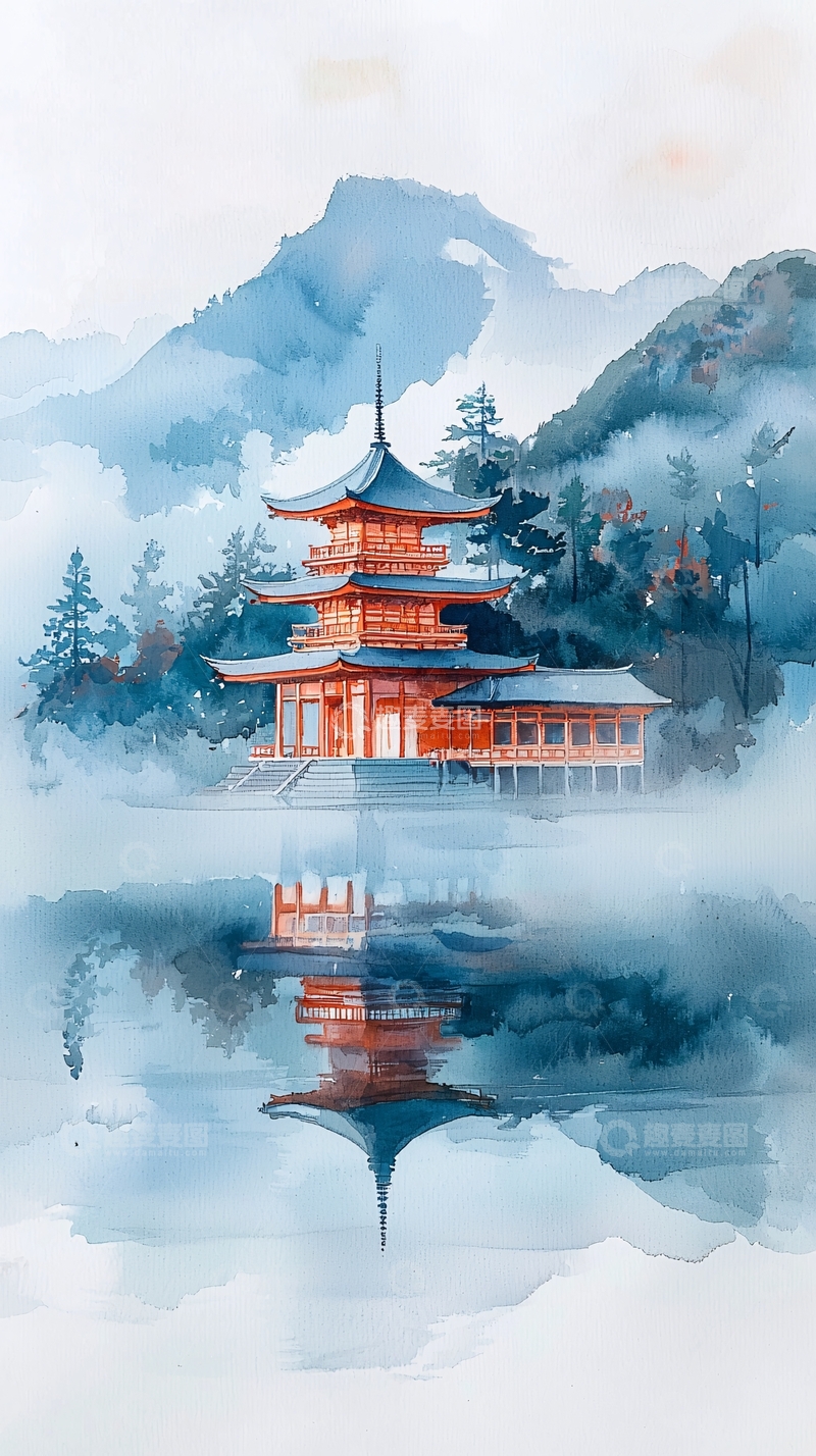 高清大图下载【趣麦麦图】水墨风山水亭台楼阁