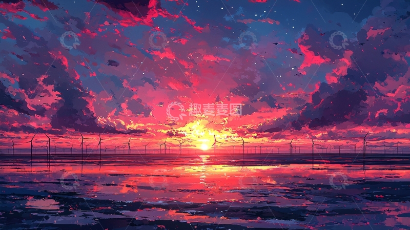 高清大图下载【趣麦麦图】梦幻般日落海边风车