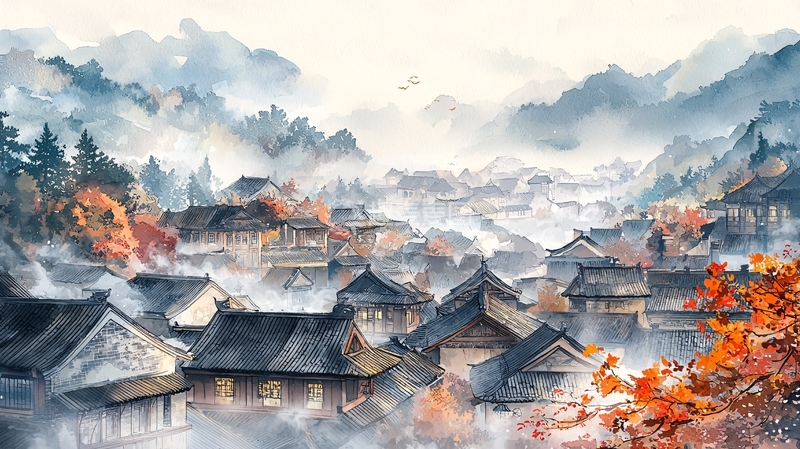 高清大图下载【趣麦麦图】水墨山水村庄秋色唯美