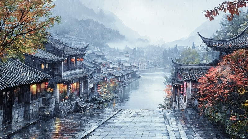 高清大图下载【趣麦麦图】烟雨朦胧的古镇景色