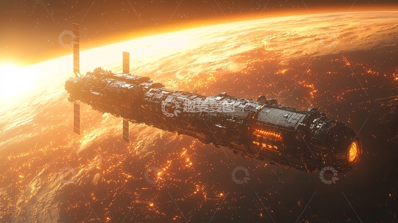 高清大图下载【趣麦麦图】太空飞船环绕燃烧星球