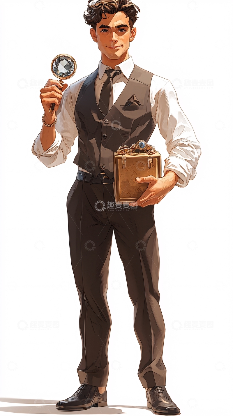 高清大图下载【趣麦麦图】年轻男子手持放大镜和古董盒子