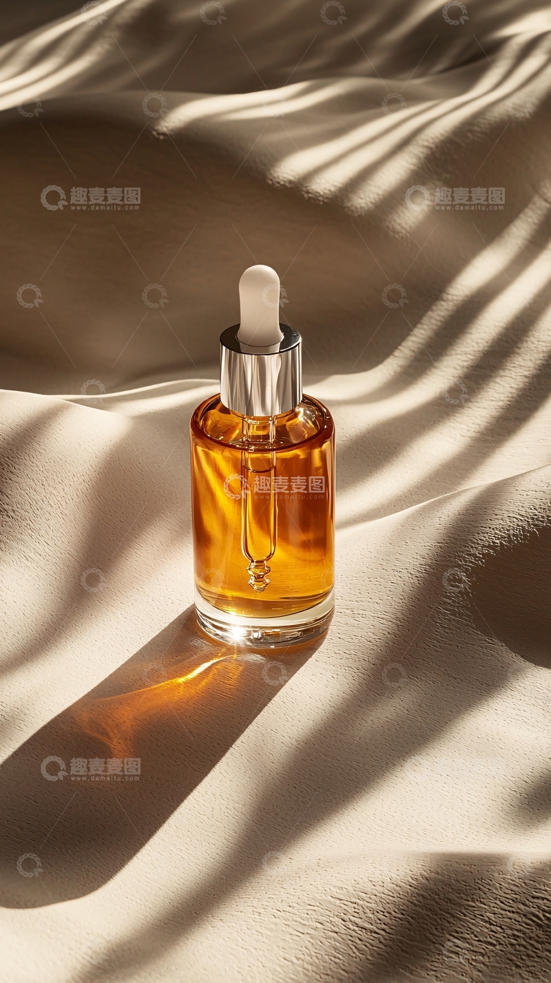 高清大图下载【趣麦麦图】金色精华液在米色背景上的特写