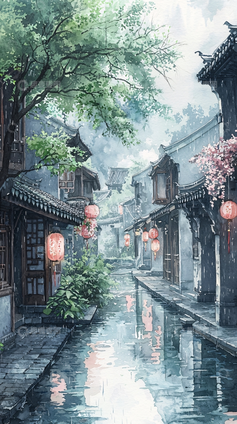 高清大图下载【趣麦麦图】水墨江南小镇雨后