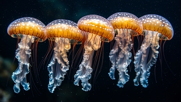 五只橙色水母黑色背景