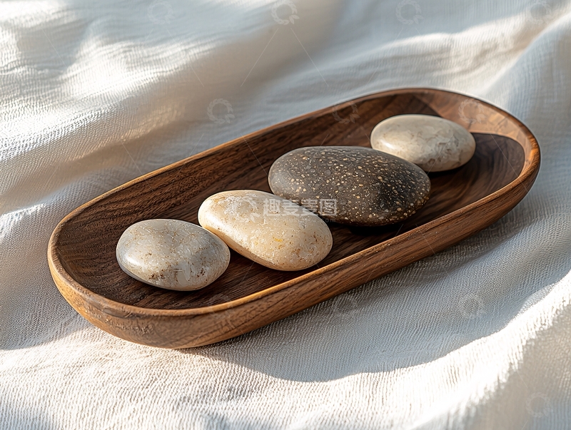 高清大图下载【趣麦麦图】长椭圆形木质托盘摆放鹅卵石