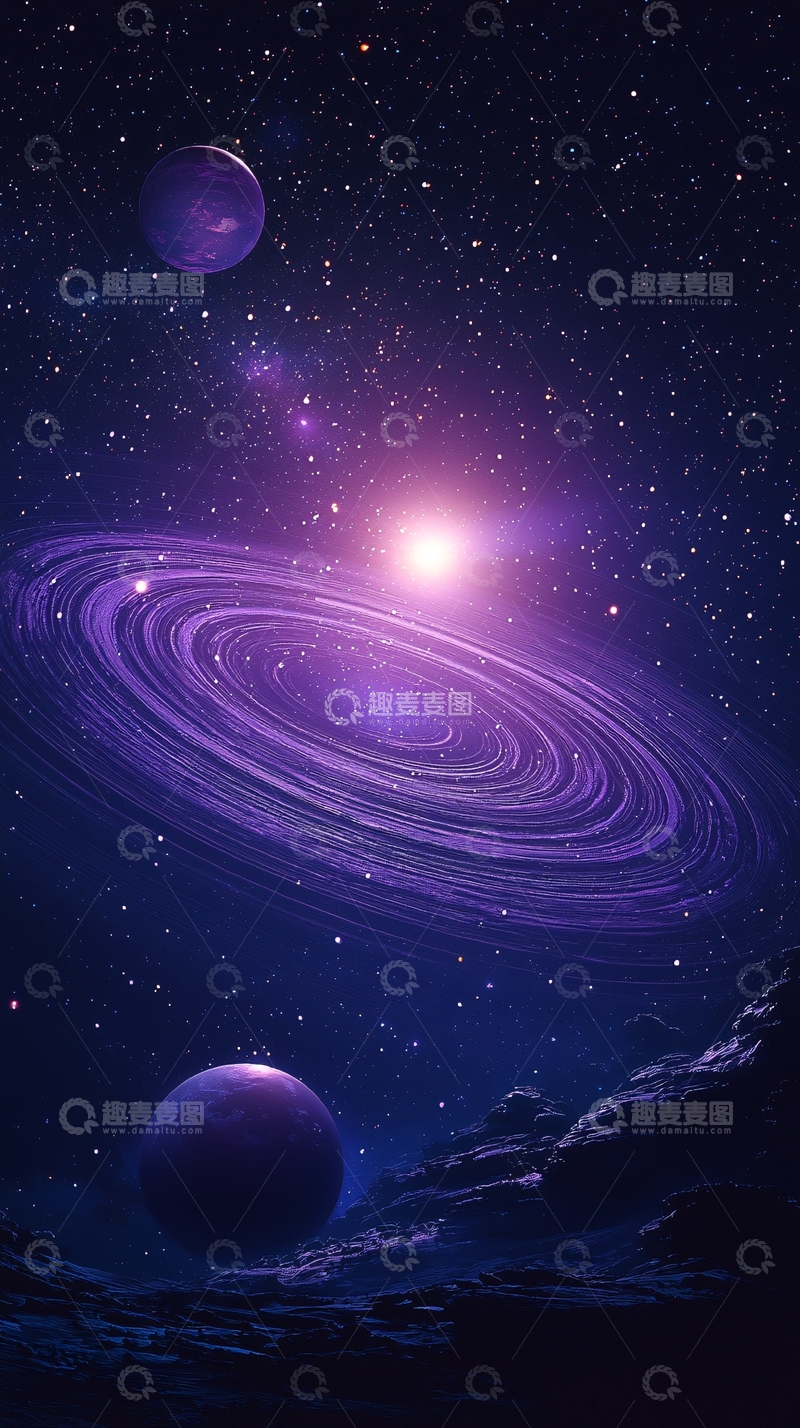 高清大图下载【趣麦麦图】紫色星球环绕星系