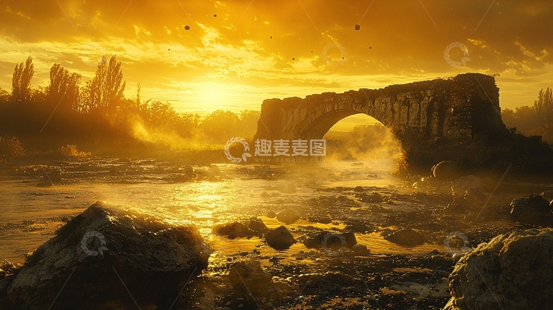 高清大图下载【趣麦麦图】夕阳下古老拱桥河流风景