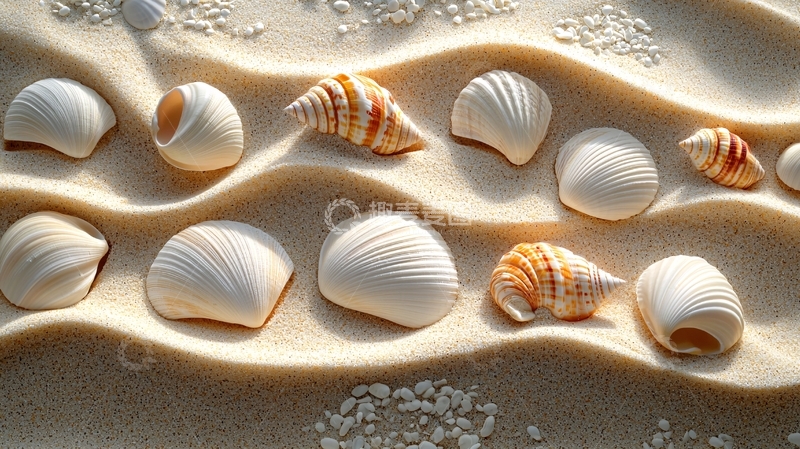 高清大图下载【趣麦麦图】沙滩上排列的贝壳