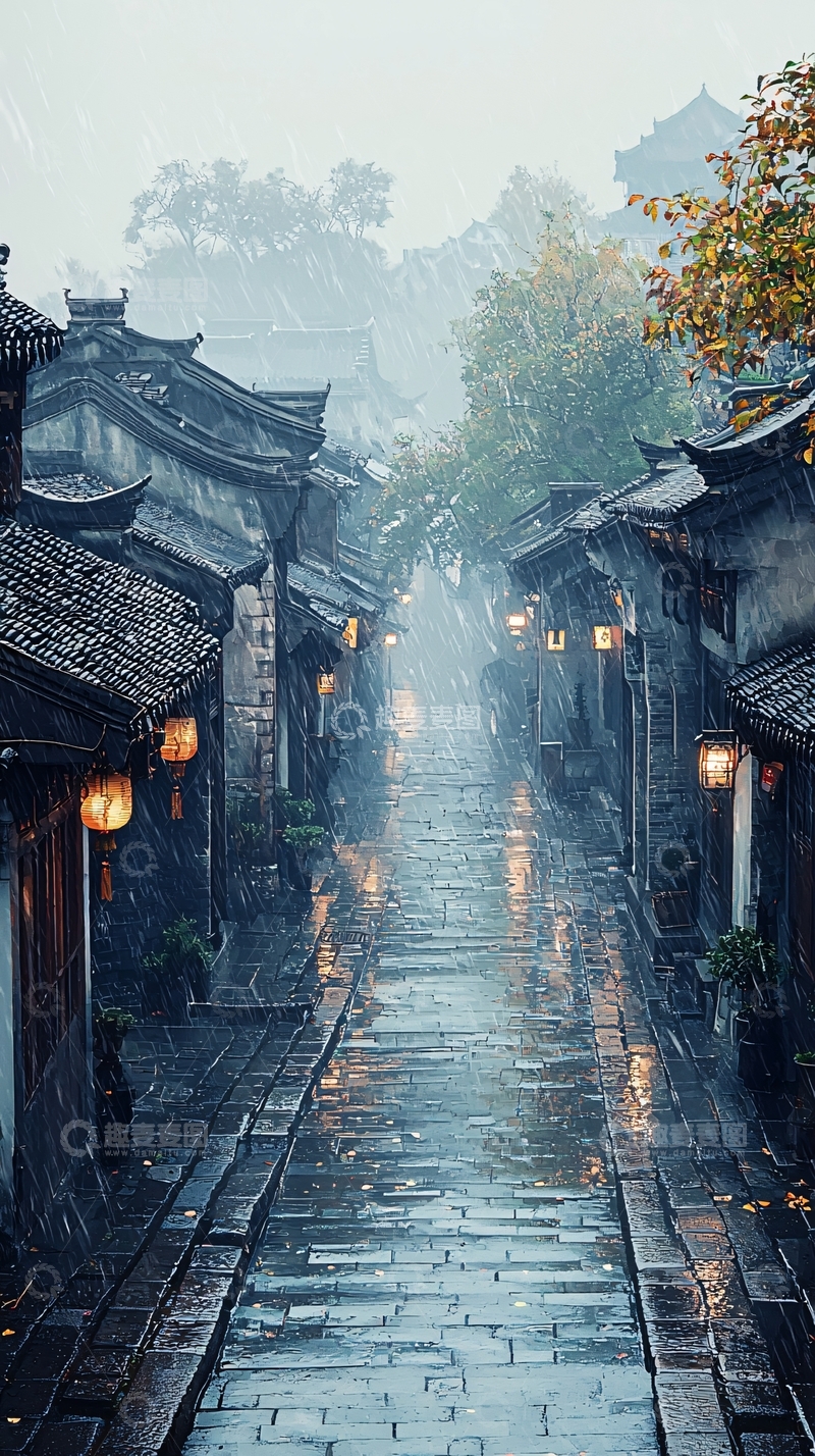 高清大图下载【趣麦麦图】雨中江南古镇街景