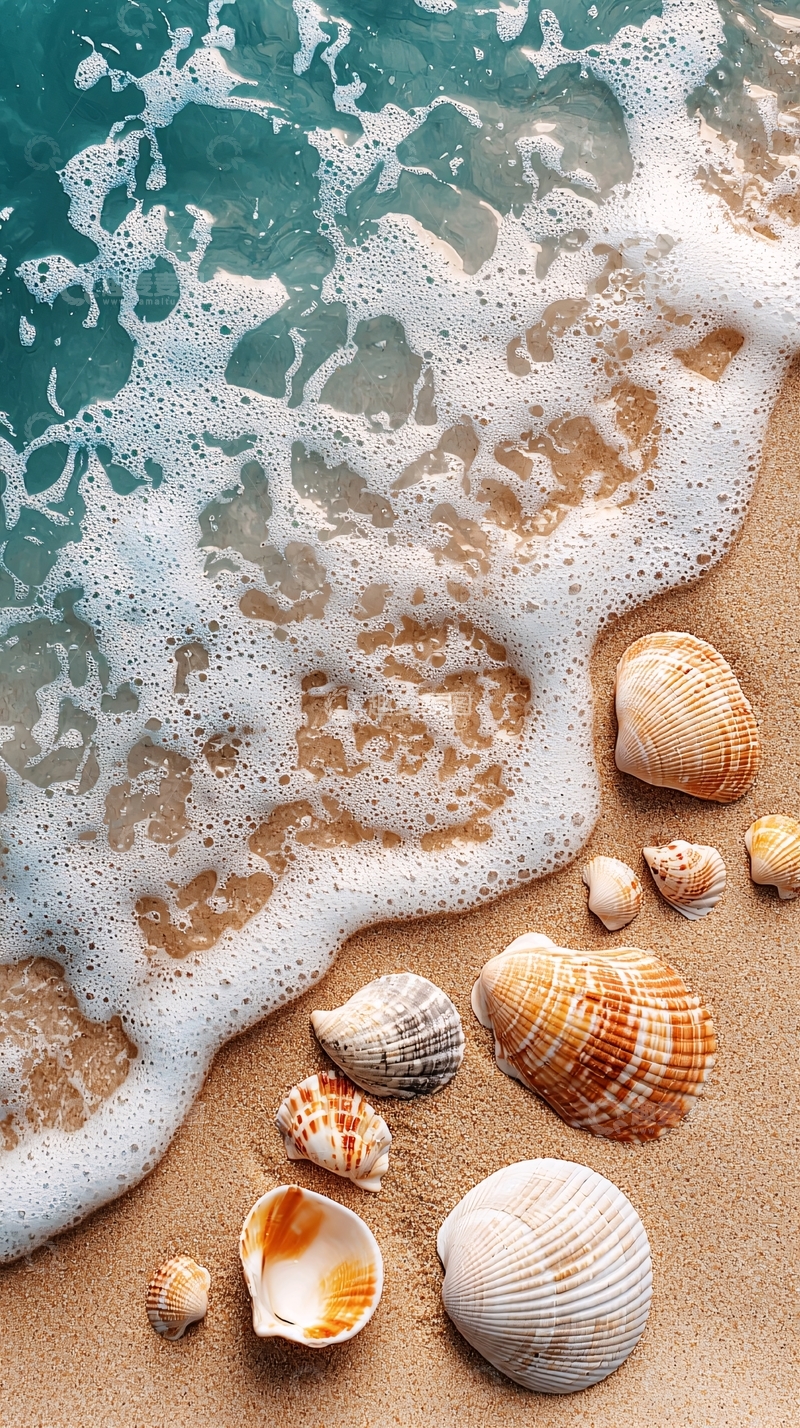 高清大图下载【趣麦麦图】海浪冲刷沙滩上的贝壳