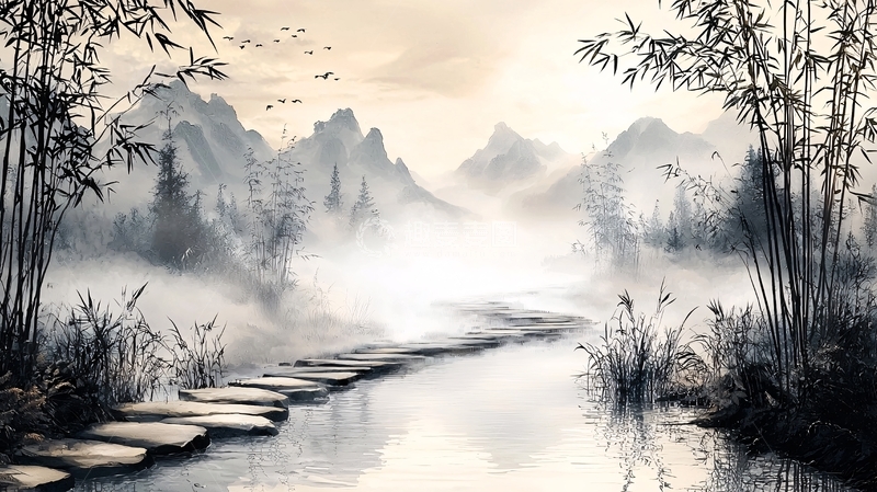 高清大图下载【趣麦麦图】水墨山水意境小路