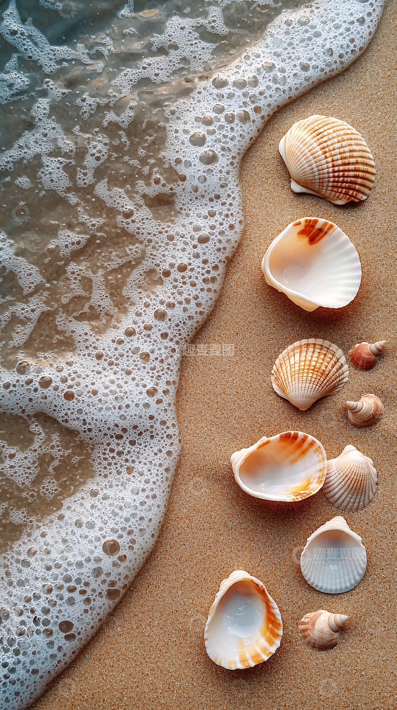 高清大图下载【趣麦麦图】海滩上的贝壳和泡沫