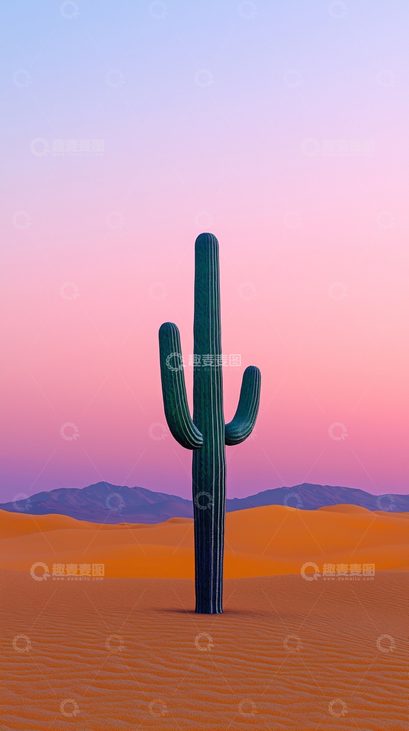 高清大图下载【趣麦麦图】孤单仙人掌在沙漠粉色天空下