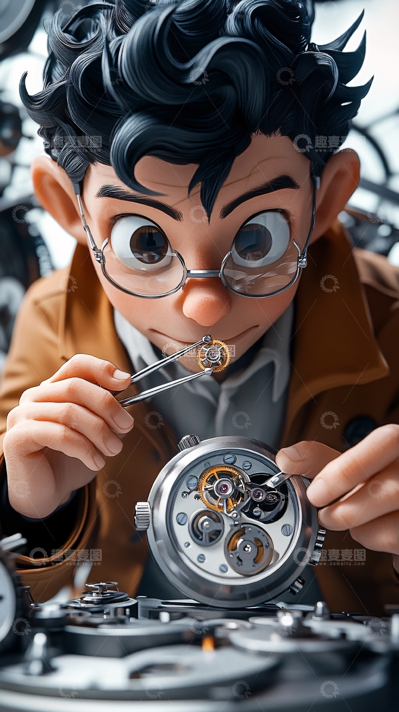 高清大图下载【趣麦麦图】戴眼镜男孩修理怀表