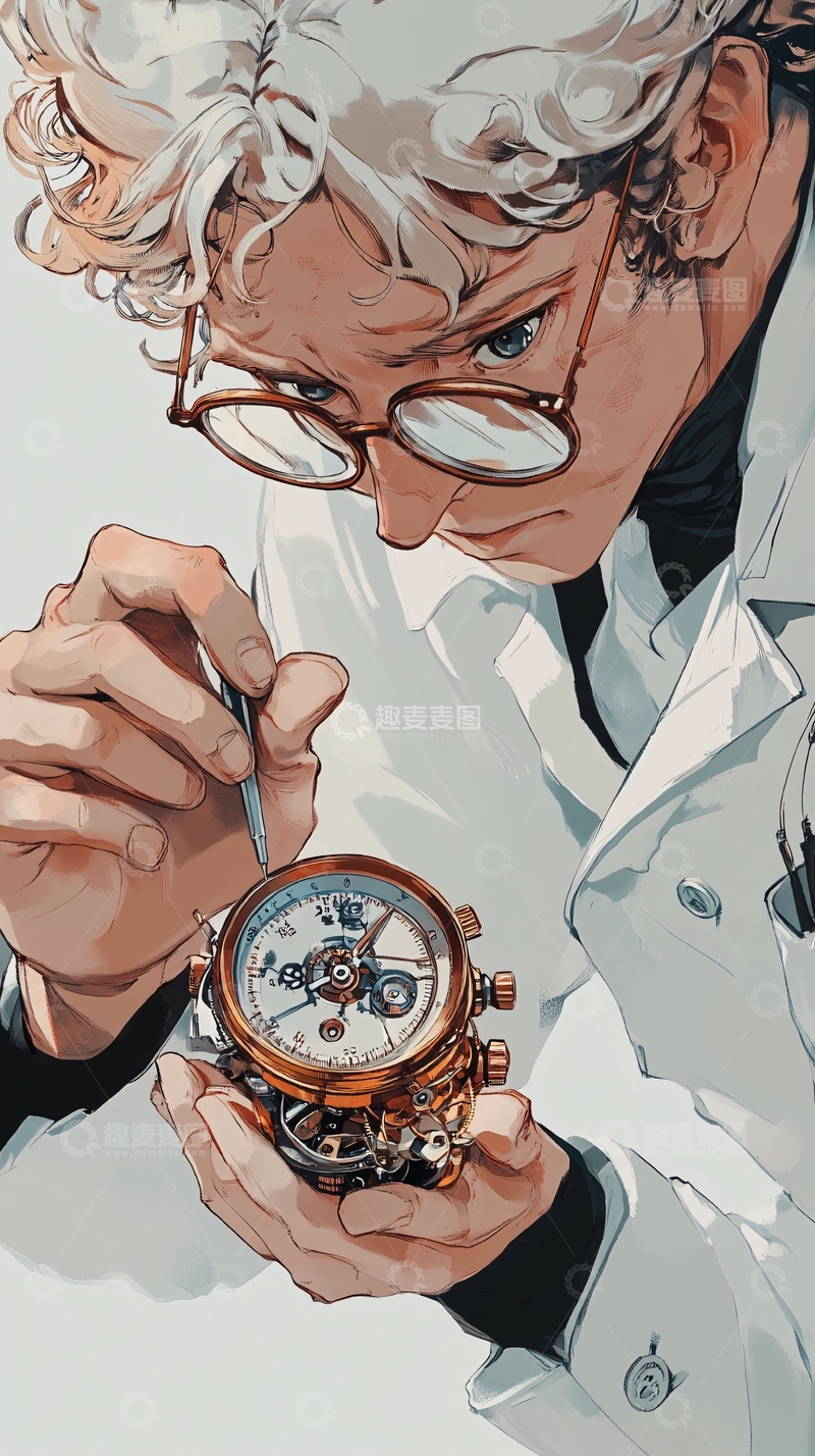 高清大图下载【趣麦麦图】白发眼镜男修表