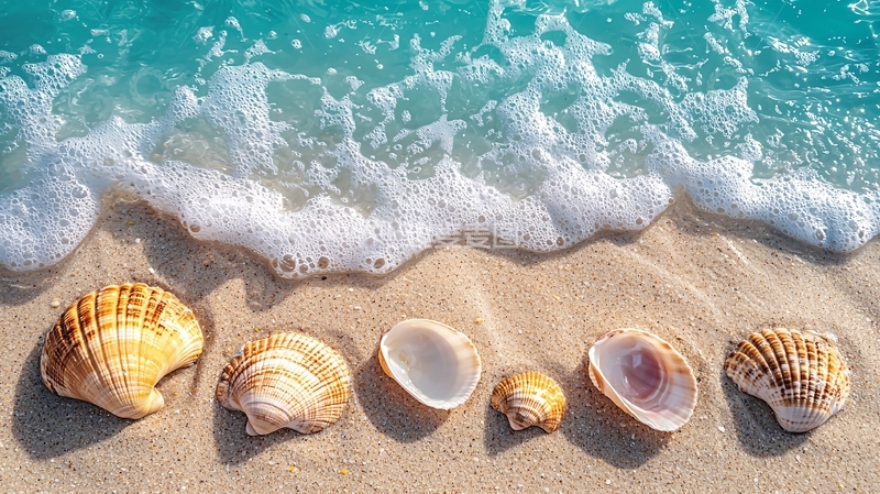高清大图下载【趣麦麦图】海边贝壳沙滩浪花