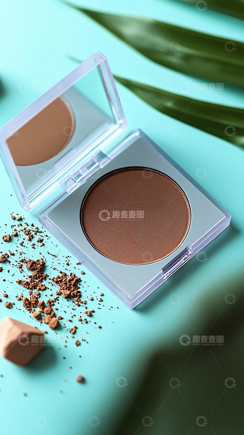 高清大图下载【趣麦麦图】古铜色粉饼在浅蓝色背景中
