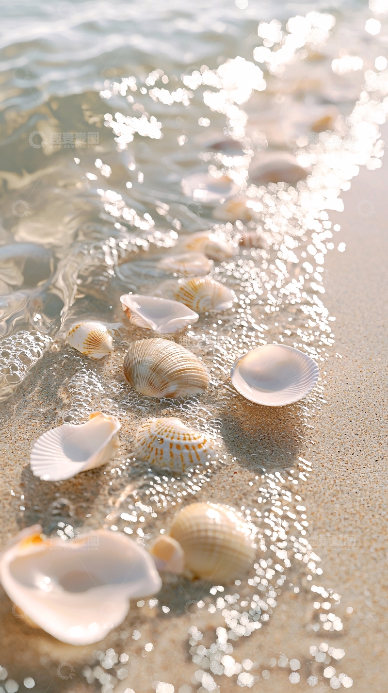 高清大图下载【趣麦麦图】海浪冲刷贝壳沙滩