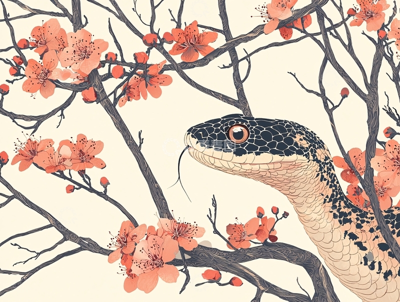 高清大图下载【趣麦麦图】蛇在开花的树枝上