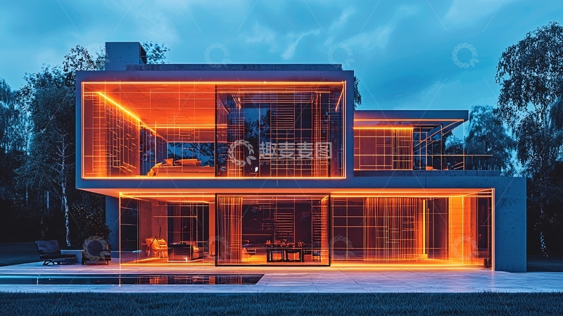 高清大图下载【趣麦麦图】现代简约风格玻璃幕墙别墅夜景