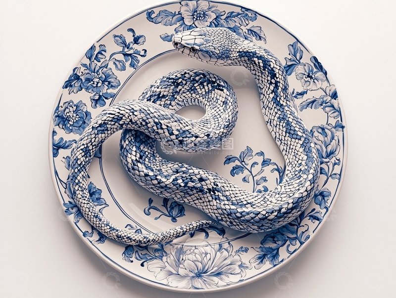 高清大图下载【趣麦麦图】青花瓷盘上的蛇