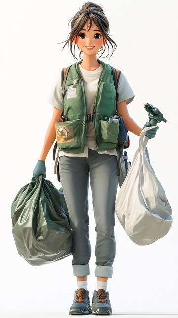 穿着绿色背心的女孩捡垃圾