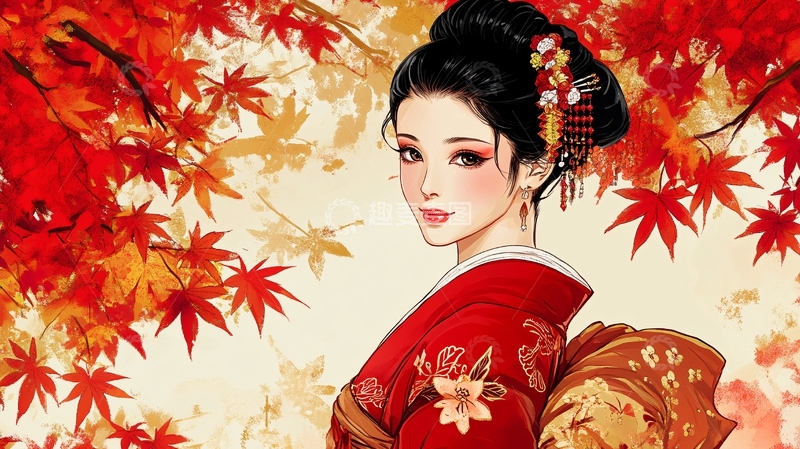 高清大图下载【趣麦麦图】红叶秋景和服美女