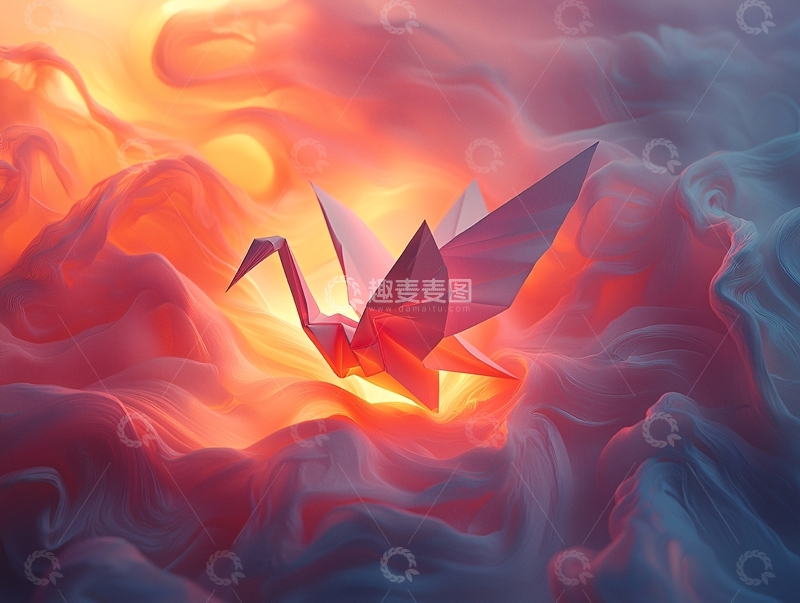 高清大图下载【趣麦麦图】纸鹤在烟雾中飞翔