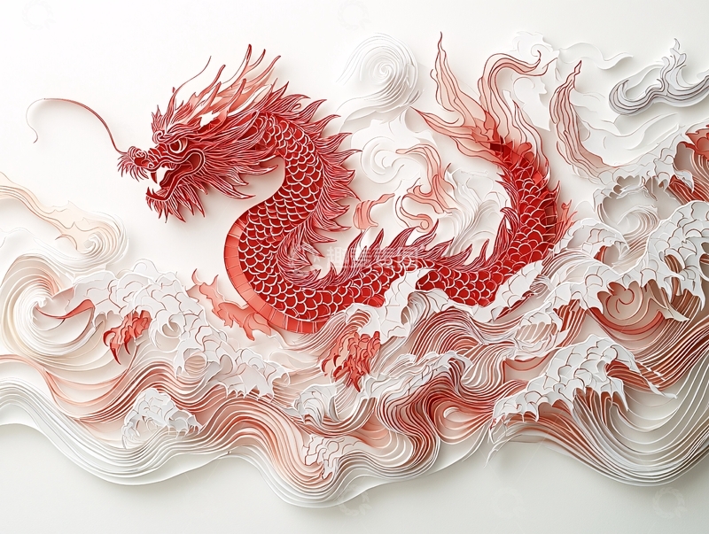 高清大图下载【趣麦麦图】红色纸艺龙在云端