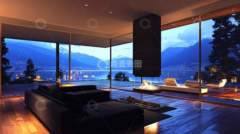 高清大图下载【趣麦麦图】现代简约落地窗豪宅夜景