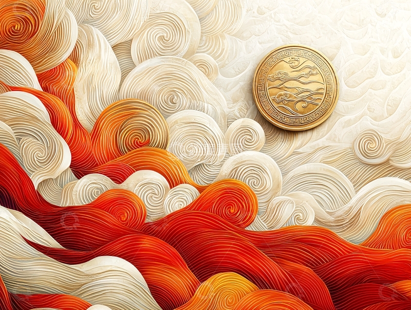 高清大图下载【趣麦麦图】金色硬币在红色云朵上